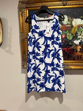 Ann Taylor White Dress with Bold Blue Floral Print